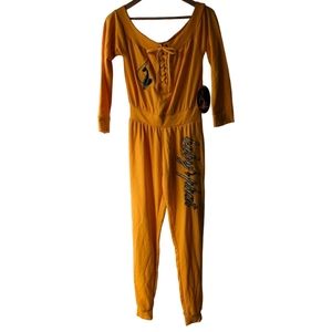 Baby Phat 90s Off the Shoulder Logo Spell Out Jumpsuit Gold Sz M
